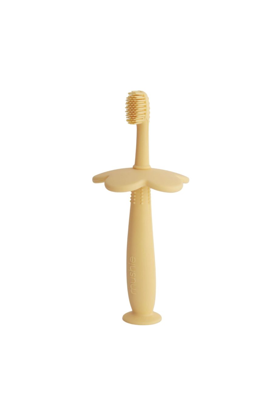 Brosse à dents d’apprentissage en silicone forme fleur jaune